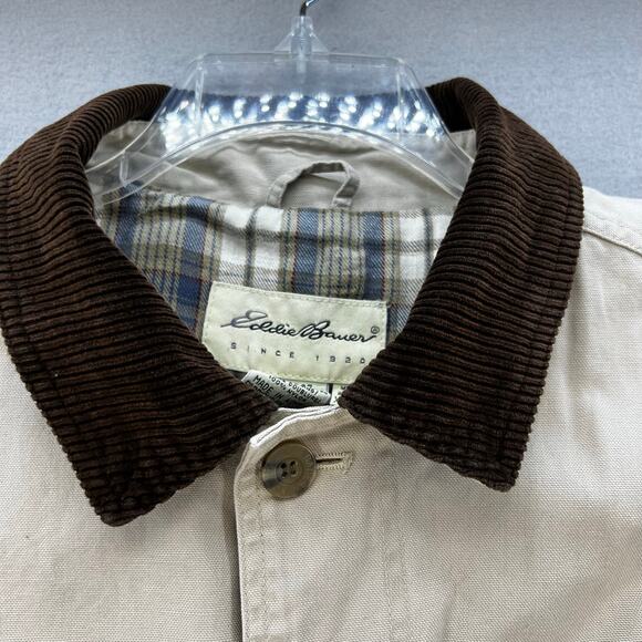 Vintage Eddie Bauer Jacket Men's XL Beige Canvas Flannel Lining Corduroy Collar - Picture 4 of 12